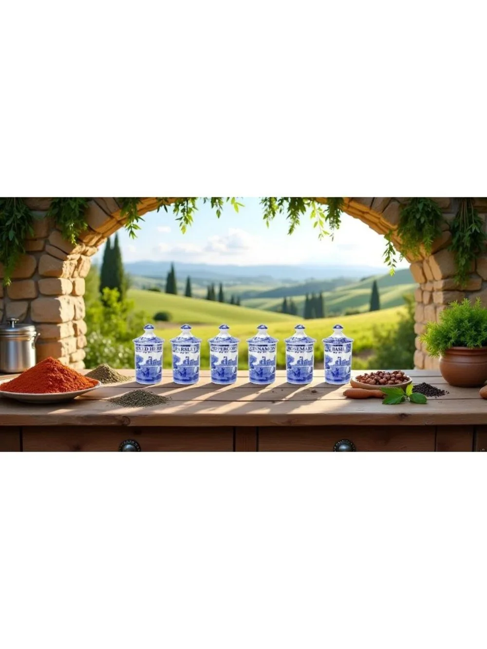 Set of 6 Fillable Spice Jars - Blue Italian Design for Herbs & Seasonings